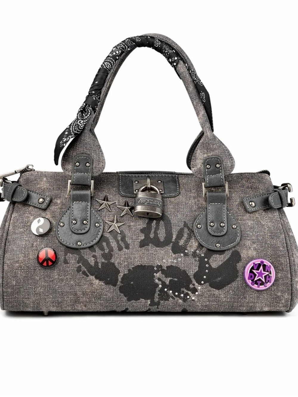 Von Dutch Bree Black & Gray Graphic Satchel and Badge Accents NWT Y2K